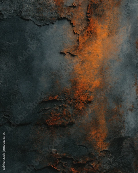 Obraz Dark grunge plaster wall close-up with black and rust tones — high-detail moody industrial texture background