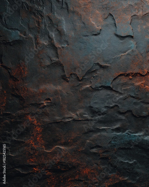 Fototapeta Dark grunge plaster wall close-up with black and rust tones — high-detail moody industrial texture background