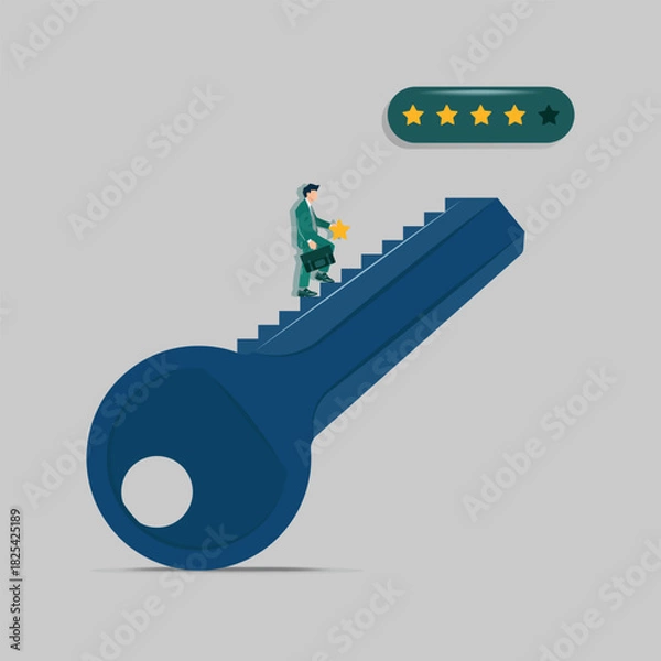 Fototapeta A vector illustration of a businessman climbing a staircase shaped like a key while carrying a star, heading toward a star rating panel