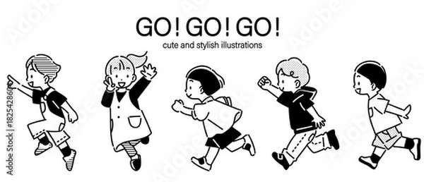 Fototapeta Cute and stylish line drawing of children running energetically towards the future