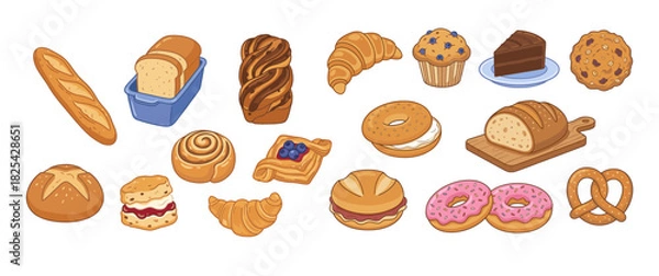Fototapeta Large set of fresh bakery pastry, bread products, and sweet desserts vector illustration collection for menu and food design
