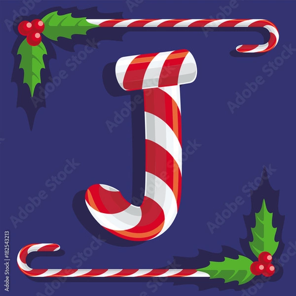 Obraz Буква J, знак из красных и белых сладостей, конфета сладкая трость на синем фоне, иллюстрация, вектор