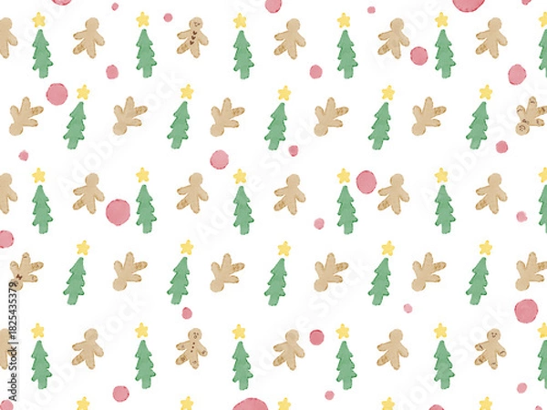 Obraz 白背景にカラフル手描きイラストパターン。水彩のクリスマスツリーとジンジャーブレッドマンと赤いドット