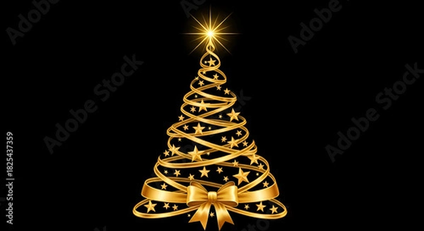 Fototapeta Celebrate the season with a touch of luxury. A golden ribbon forms an elegant Christmas tree adorned with twinkling stars, for holiday greetings and festive designs on isolated black background.