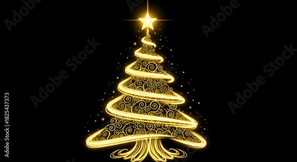 Fototapeta Celebrate the season with a touch of luxury. A golden ribbon forms an elegant Christmas tree adorned with twinkling stars, for holiday greetings and festive designs on isolated black background.