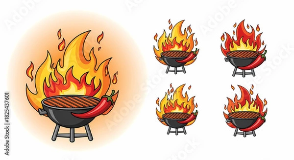 Fototapeta Barbecue grill with sausages and a red chili pepper engulfed in flames, isolated on white background
