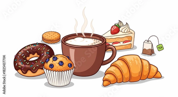 Fototapeta Assortment of breakfast and dessert items, including coffee, pastries, and cake, isolated on white background