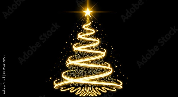 Fototapeta Celebrate the season with a touch of luxury. A golden ribbon forms an elegant Christmas tree adorned with twinkling stars, for holiday greetings and festive designs on isolated black background.
