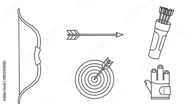 Obraz Archery Outline Icons Bow, Arrow, Target and Equipment
