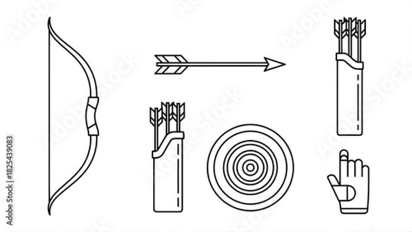 Obraz Minimalist line icon collection of archery equipment, showcasing the tools for the ancient sport of skill, aim, and precision