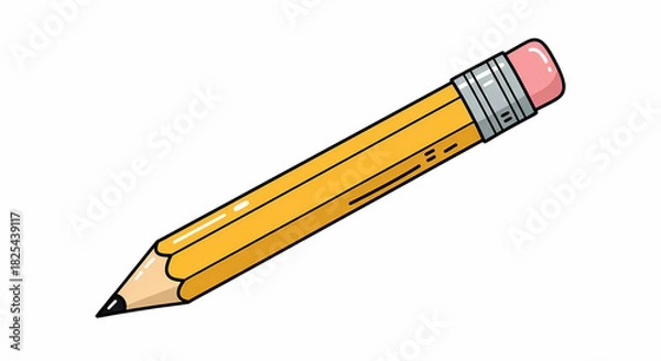 Fototapeta A sharp yellow wooden pencil with a pink eraser, ready for writing or drawing, isolated on white background