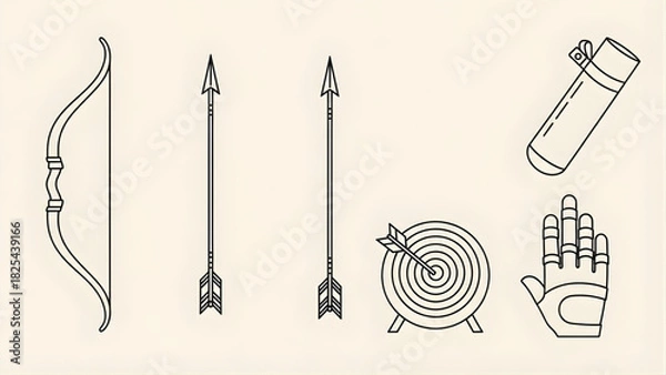 Obraz Archery equipment icons bow, arrow, target, quiver, glove set, outline design, vector illustration