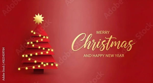 Fototapeta Elegant Merry Christmas and Happy New Year greeting with a modern red geometric Christmas tree and golden accents on a festive red background for joyful holiday wishes.