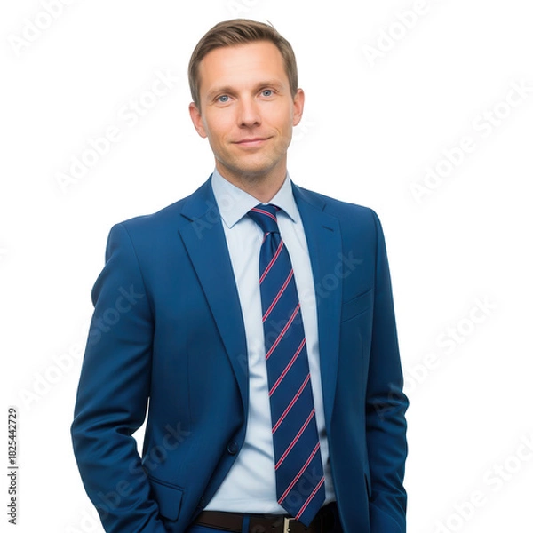 Fototapeta Portrait of a smiling man in a blue suit and striped tie on black background