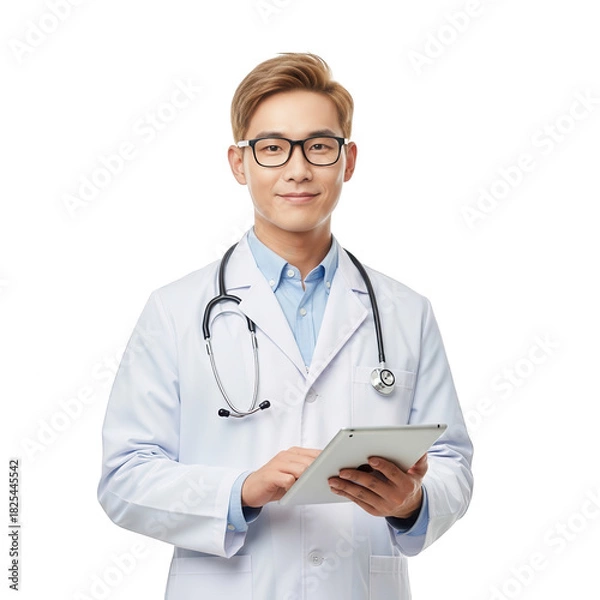 Fototapeta Portrait of a young asian doctor using a tablet with a stethoscope on