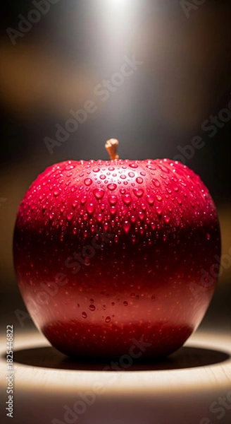 Fototapeta A striking vertical close-up of a single, perfectly red apple covered in fresh water droplets.