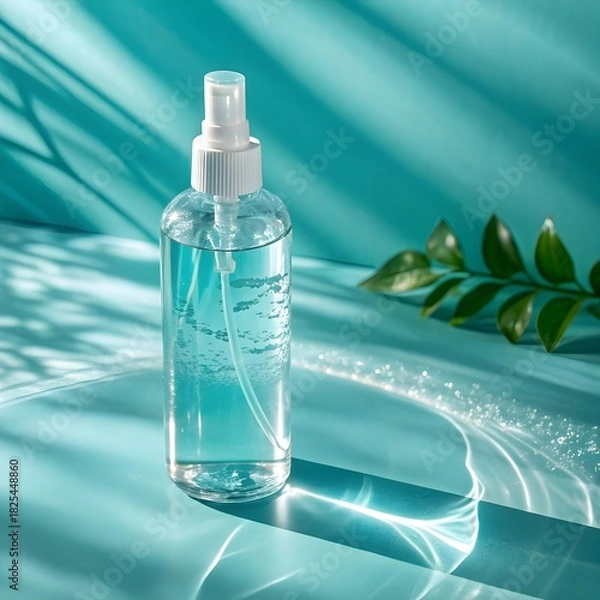 Fototapeta Clear spray bottle with liquid against a bright turquoise background