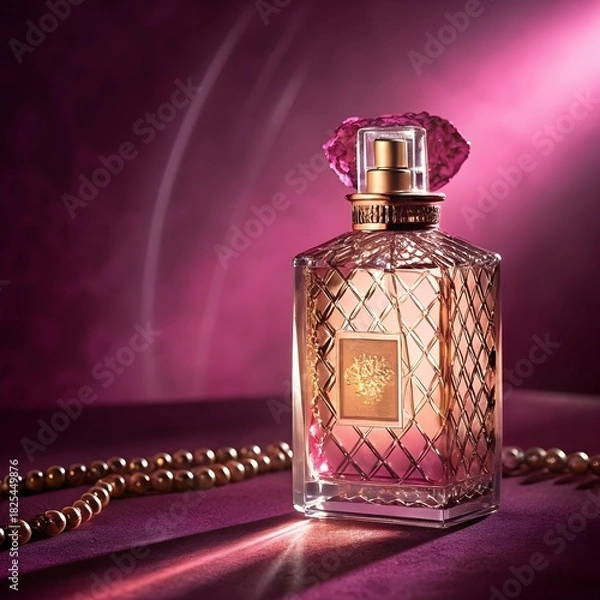 Fototapeta Luxurious perfume bottle with intricate design on purple silk