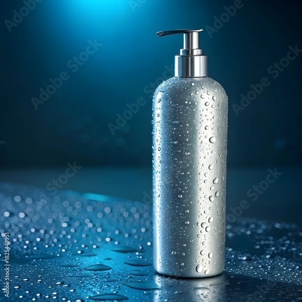 Fototapeta Silver soap dispenser bottle covered in water droplets on dark blue surface