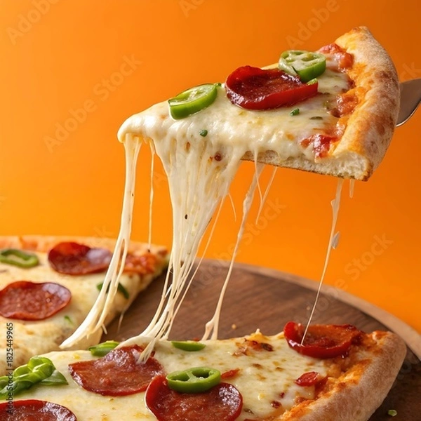 Obraz A slice of pepperoni and jalapeo pizza with extreme cheese pull