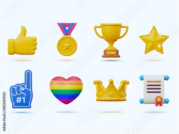 Fototapeta Y2k style icons set – trophy, medal, thumbs-up, heart, certificate, star, crown, number-one. 3D icon set