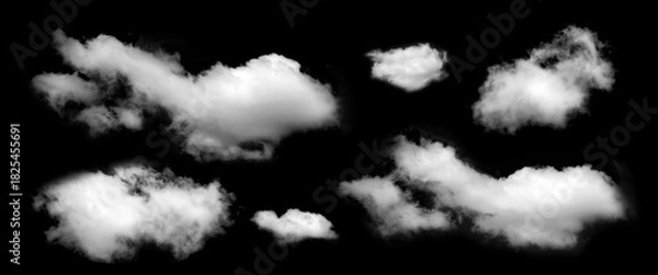 Fototapeta Set of fluffy white clouds isolated on black background, representing natural sky elements and soft mist texture, digital art and atmospheric design.