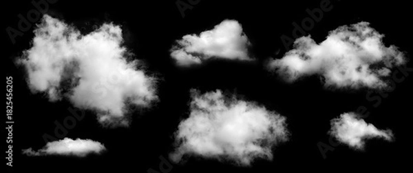 Fototapeta Set of fluffy white clouds isolated on black background, representing natural sky elements and soft mist texture, digital art and atmospheric design.