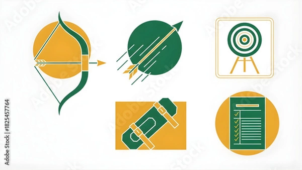 Obraz Dynamic flat design icon collection symbolizing strategic aiming, rapid progress, and goal attainment through precision and planning, featuring archery and rockets