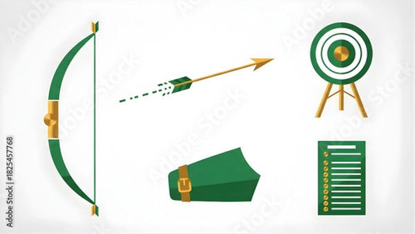 Obraz Archery equipment vector set Bow, arrow, target, armguard, and checklist icons for design