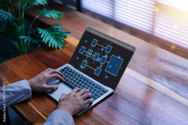 Fototapeta Businessman planning work, office concept hierarchical workflow process, flowchart layout, business information technology project