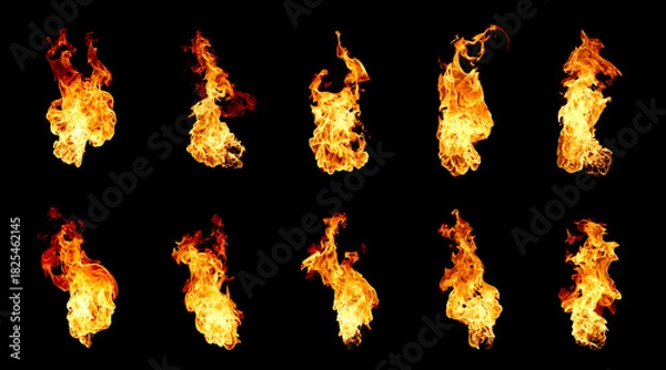 Fototapeta Collection of isolated flames on black background. Perfect for digital art, design and visual effects. Perfect for energy explosion scenes.