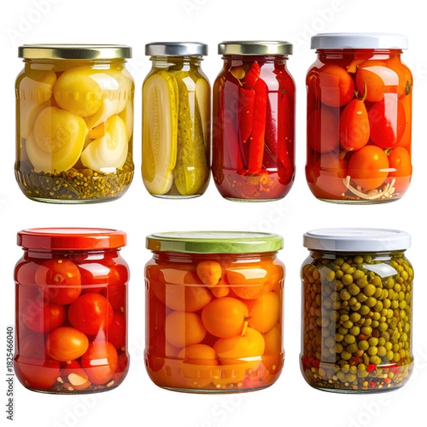 Obraz Assortment of colorful pickled vegetables perfectly isolated on a pure white background for gourmet deli and sandwich concepts
