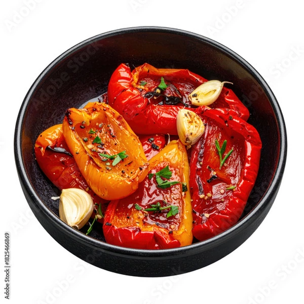 Fototapeta Tender roasted peppers marinated with garlic and olive oil on a dark plate, isolated as a versatile appetizer