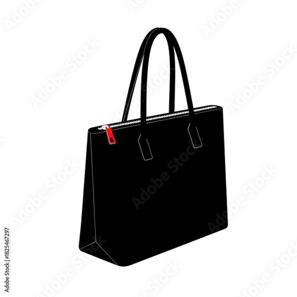 Fototapeta Single Vector Icons of Sleek Black Leather Tote Bag with Red Zipper Accent. EPS Editable