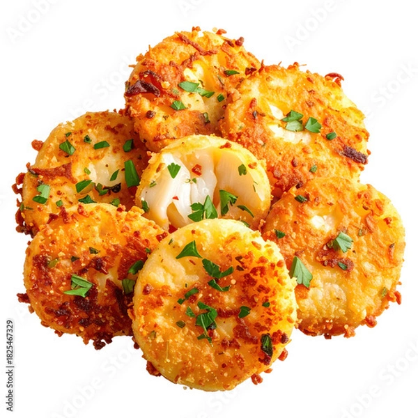 Obraz Homemade salt cod fritters isolated on a pure white background, excellent for creating transparent pngs for menu design