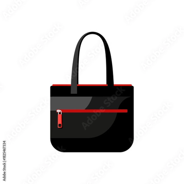 Fototapeta Single Vector Icons of Stylish Black Tote Bag with Red Zipper Detail. EPS Editable