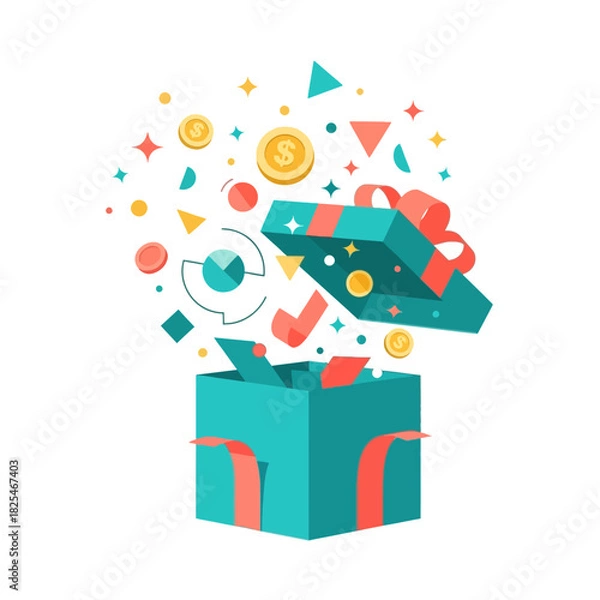 Fototapeta Single Vector Icons of Surprise Gift Box Exploding with Financial Symbols and Geometric Shapes. EPS Editable