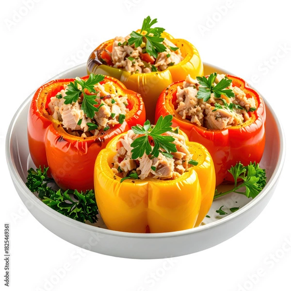 Obraz Tuna and herb stuffed peppers isolated on white background, perfect for creating transparent pngs for diet plans