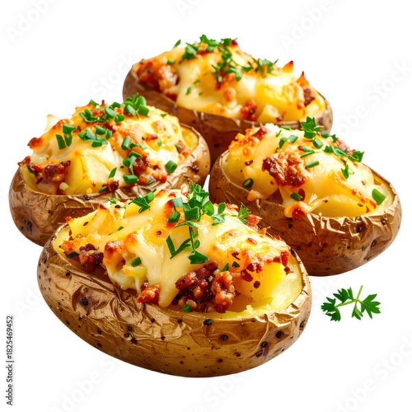 Fototapeta Single loaded stuffed potato skin with toppings perfectly isolated on a pure white background for pub food menus