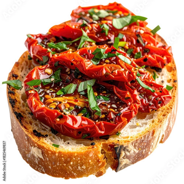 Obraz Italian bruschetta with sun-dried tomatoes, perfectly isolated on white background great for menu design and food blogging