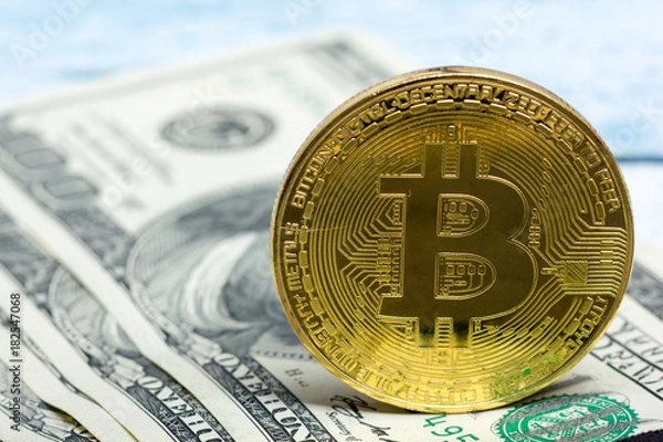 Fototapeta Bitcoin golden coin New virtual money and dollar background . Cryptocurrency. Business and Trading concept. Close-up shot