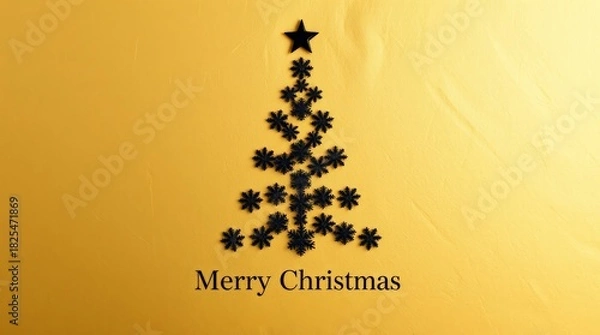 Fototapeta Minimalist Christmas Tree Made of Black Snowflakes on Gold Background Modern Dark Festive Holiday Greeting Card_2
