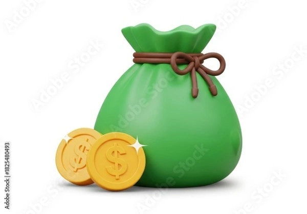 Obraz Green money bag with gold coins isolated on white background