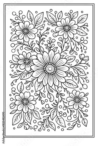 Obraz Enjoy a moment of tranquility coloring this beautiful and intricate floral pattern featuring various blooming flowers and delicate foliage