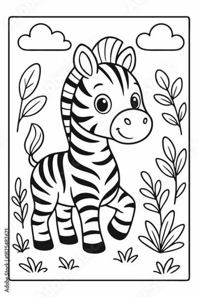 Fototapeta An adorable cartoon baby zebra coloring page perfect for kids to enjoy a fun and creative safari animal activity