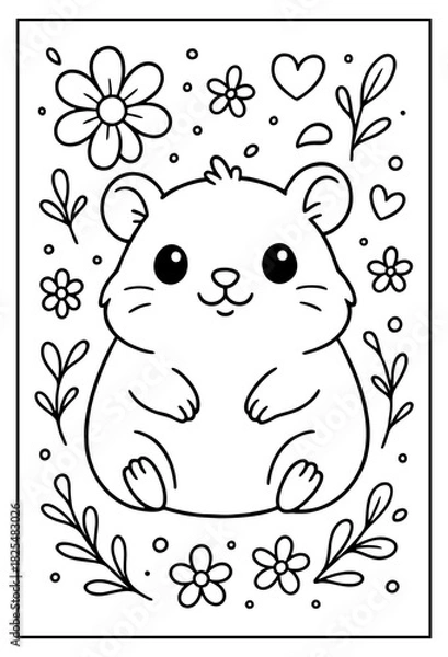 Obraz A delightful coloring page featuring an adorable cartoon hamster surrounded by charming flowers leaves and cute tiny hearts perfect for kids
