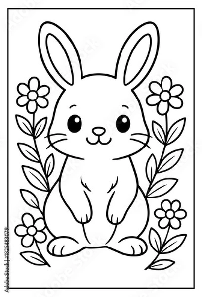 Fototapeta An adorable cartoon bunny rabbit surrounded by beautiful blooming flowers and lush green leaves a delightful coloring page for children