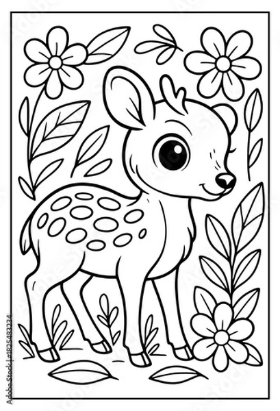 Obraz Adorable spotted fawn surrounded by beautiful blossoms and lush foliage ready for a creative coloring adventure