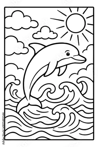 Fototapeta A cute dolphin gracefully leaps from the ocean waves under a bright shining sun and fluffy clouds for a delightful coloring activity