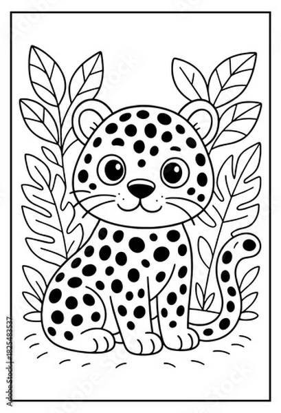 Fototapeta This adorable baby leopard coloring page nestled in jungle foliage offers kids a delightful creative activity with wild animals
